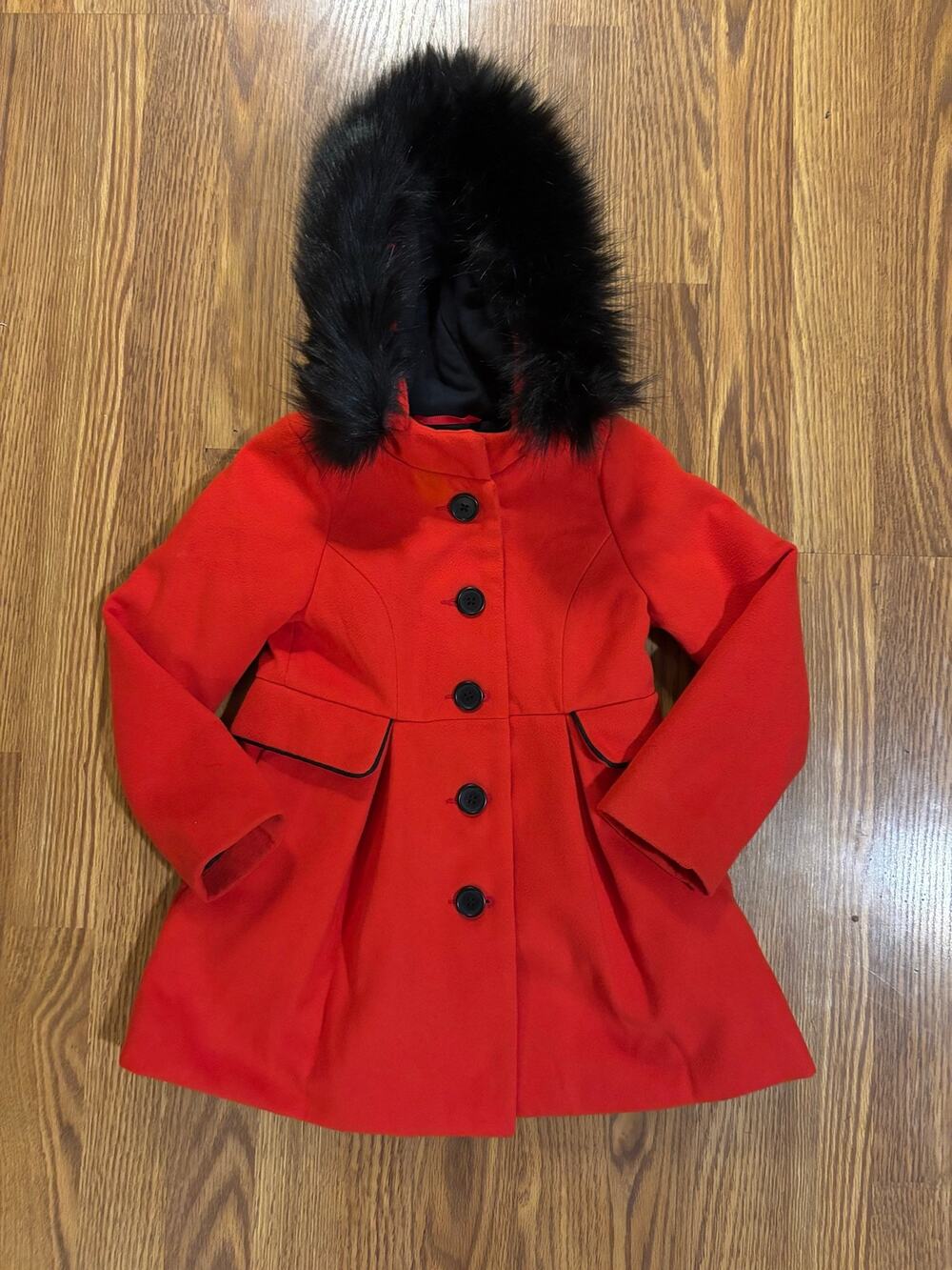 NWOT Girls Red Fur Hood Button-Down Fall/ Winter Preppy Pea Coat/ Jacket